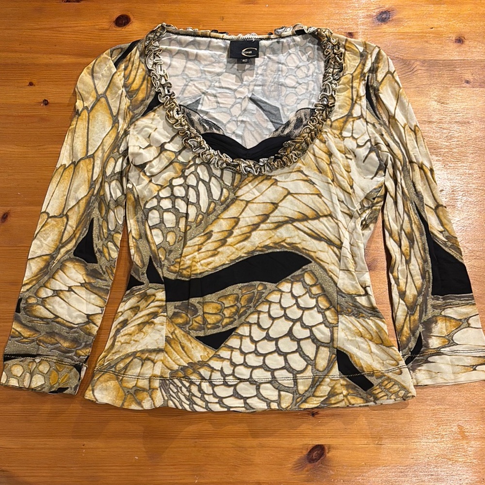 Just Cavalli Gold and Black Graphic Fitted Blouse